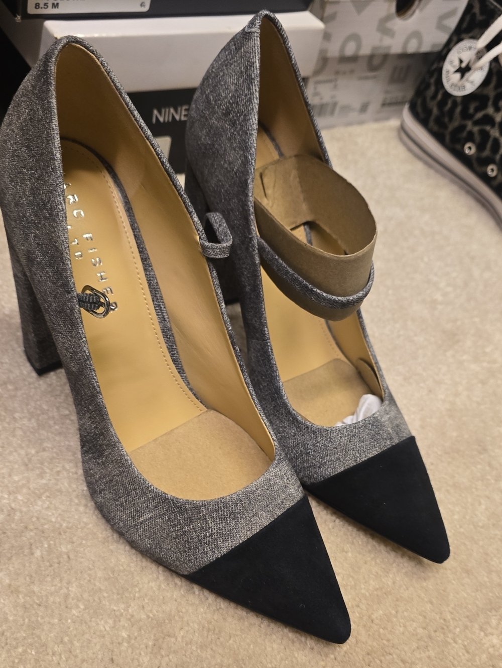 Marc Fisher Gray Mary Jane Pumps with Black Pointed Cap [New]
